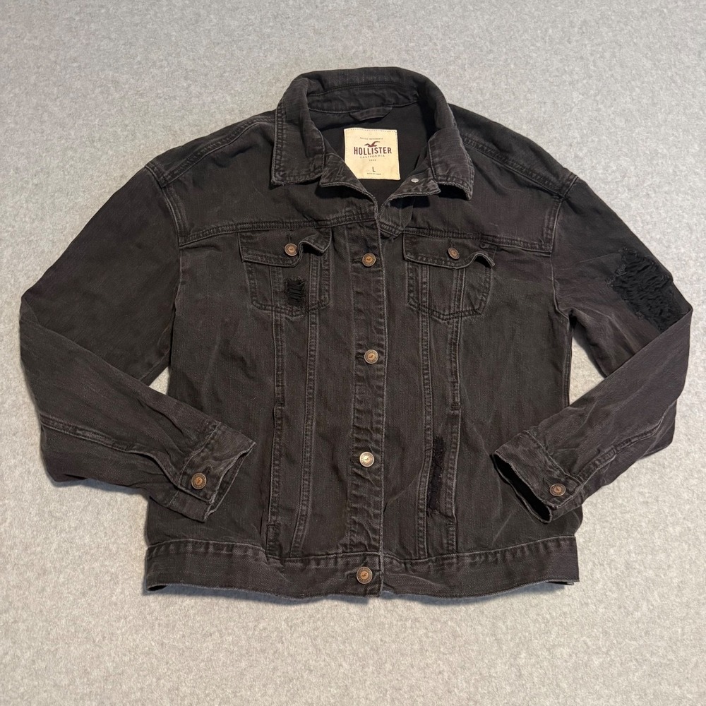 Hollister Womens L 12-14 Black Denim Jean Jacket Distressed Rips Classic Grunge